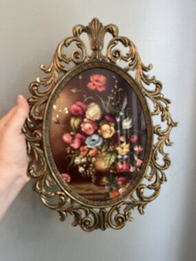 Vintage Florentine Ornate Oval Floral Wall Art With Cast Metal Frame & Convex Gl